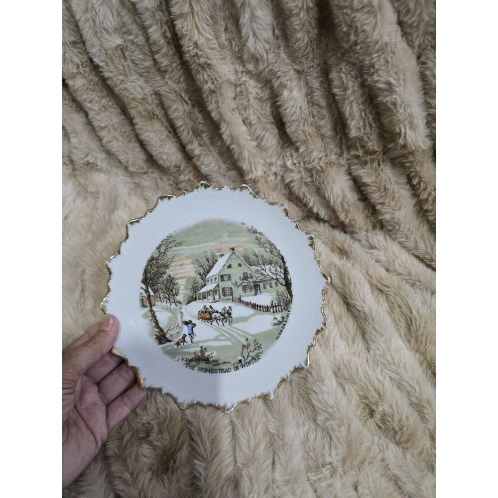 4-CURRIER & IVES THE HOMESTEAD IN WINTER Hanging Collector Plates Set GOLD Gild